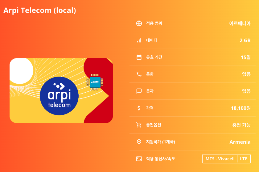 아르메니아 로컬망 이심 eSIM MTS - Vivacell LTE 이심통 이미지 6