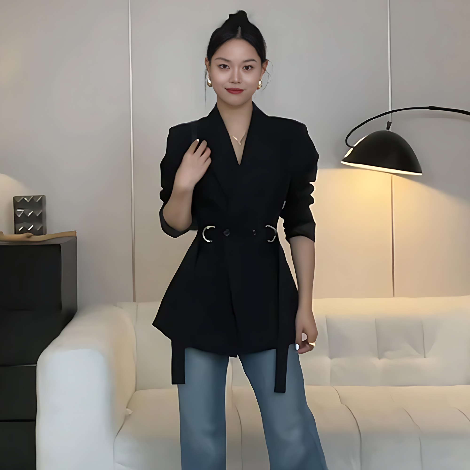 고급 여성 하객룩 허리벨트 자켓 날씬해보이는 출근룩 정장자켓 - 상품 이미지