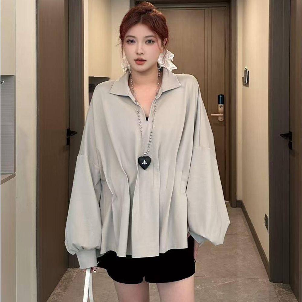 여성 빅사이즈 플리츠 블라우스 체형커버 플레어 카라넥 셔츠 E-13 - 상품 이미지