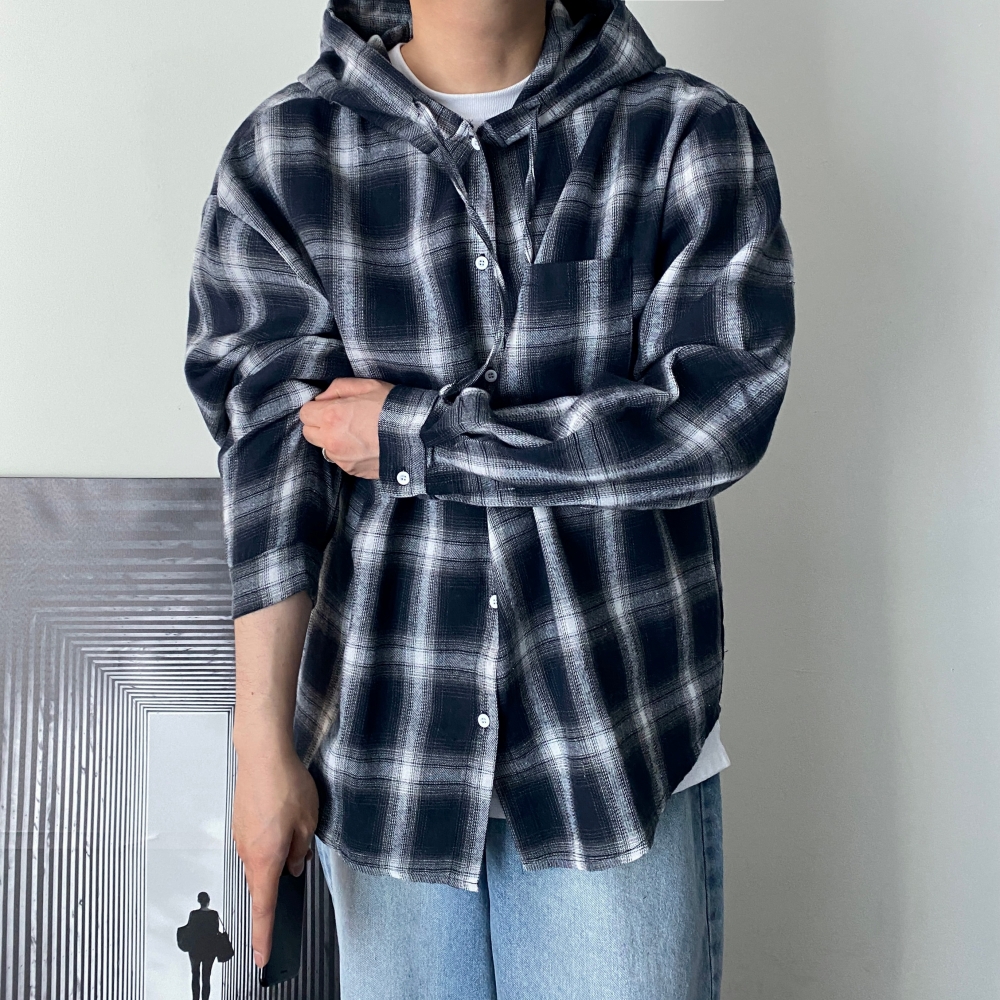 체크후드셔츠 남자오버핏남방 플란넬셔츠 - 상세 이미지 5
