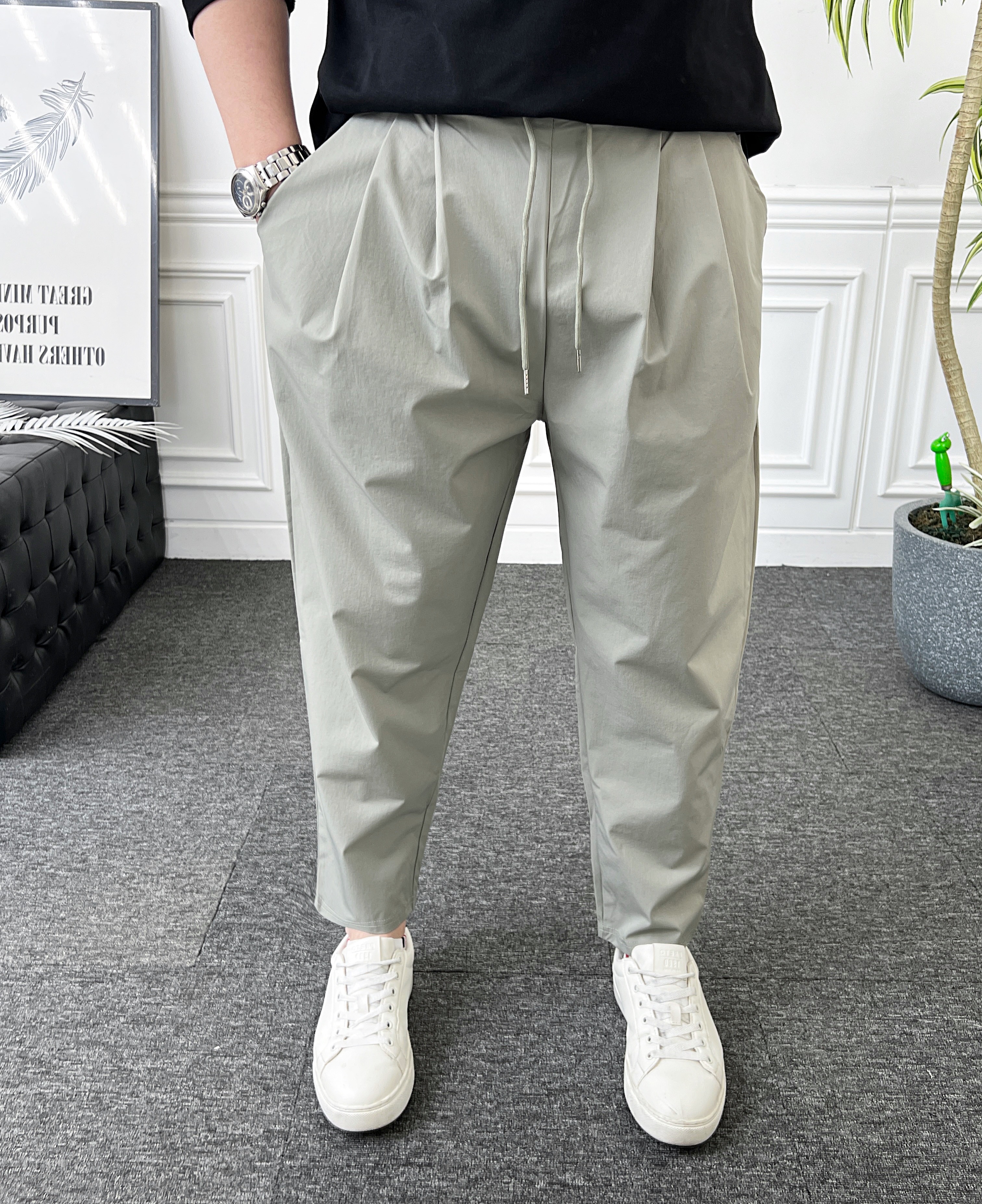 남자 벌룬팬츠 9부 밴딩 스판 나일론 핀턱 배기 면바지 - 상세 이미지 4