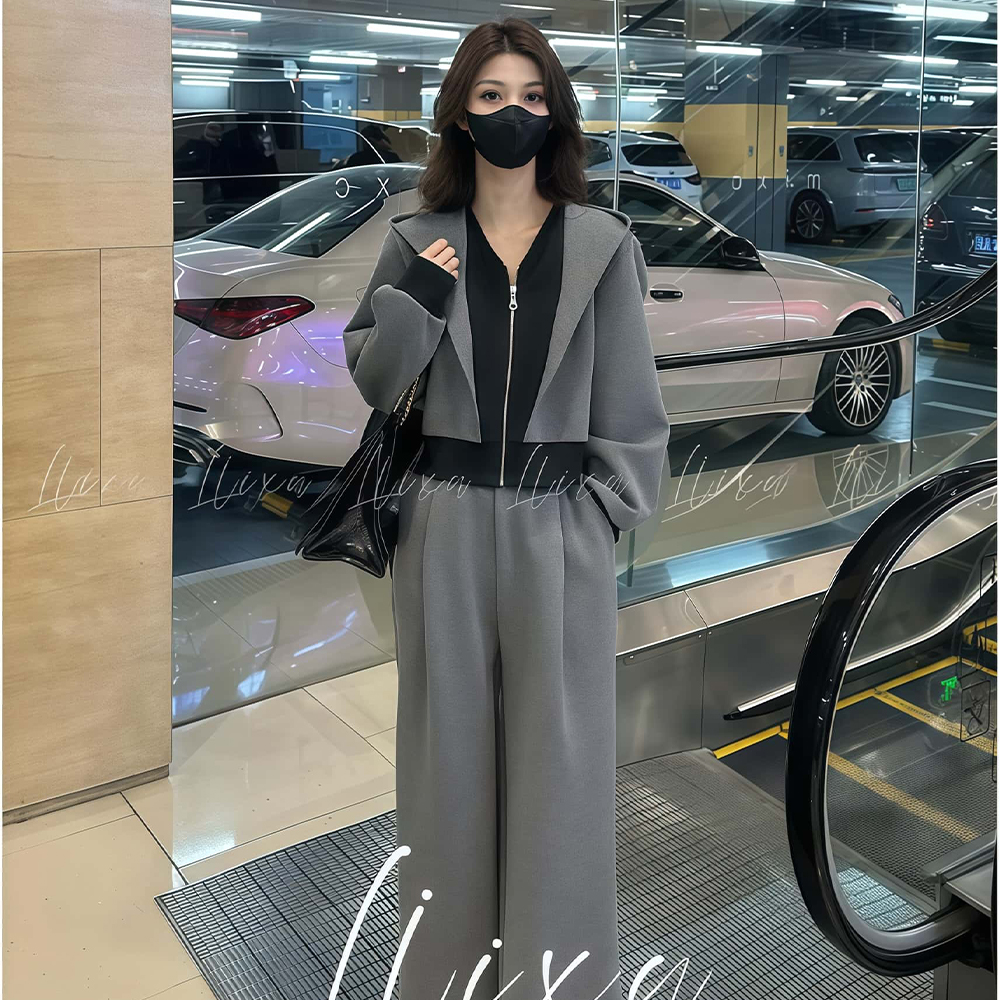 봄가을 여성트레이닝세트 캐주얼 루즈핏 와이드팬츠 운동복투피스 세트 - 메인 이미지