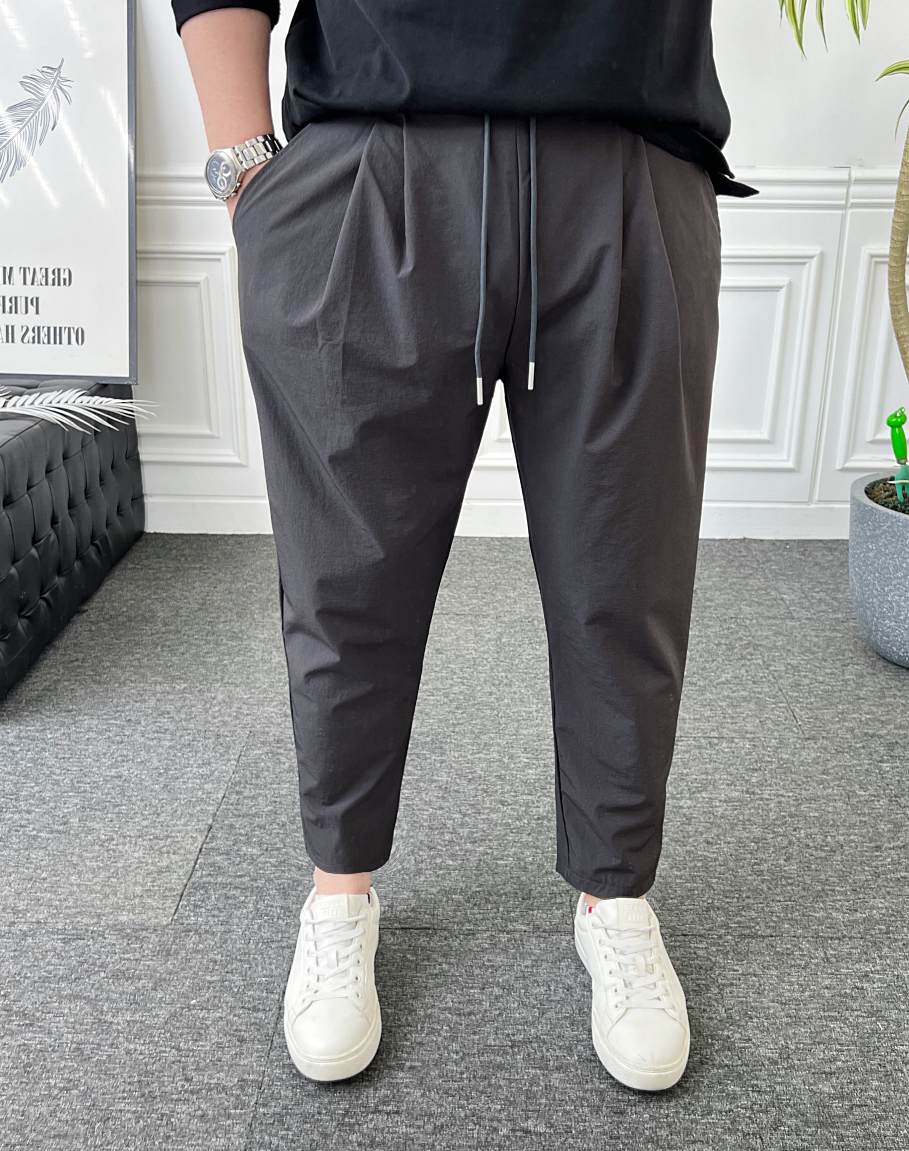 남자 벌룬팬츠 9부 밴딩 스판 나일론 핀턱 배기 면바지 - 상세 이미지 5