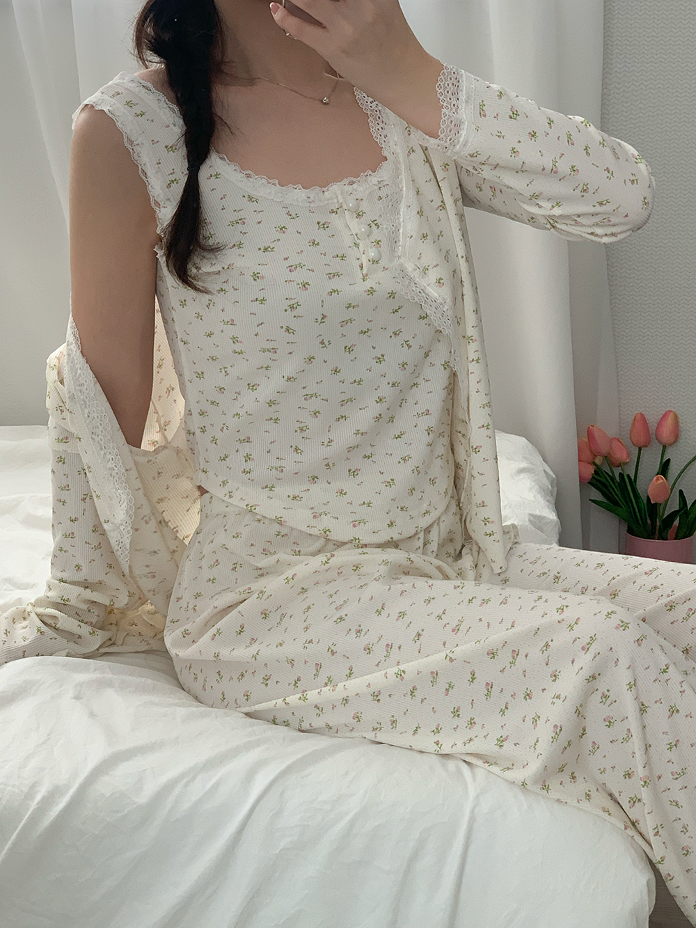 봄 여성 3피스 피아 꽃무늬 잠옷 파자마 세트 이미지 6