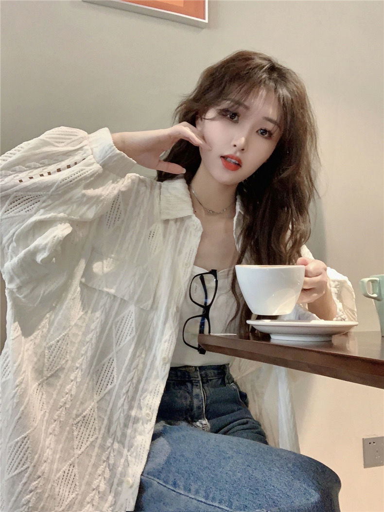 봄 여성 펀칭 긴팔셔츠 캐주얼 루즈핏 레이스 긴팔남방 - 상세 이미지 5