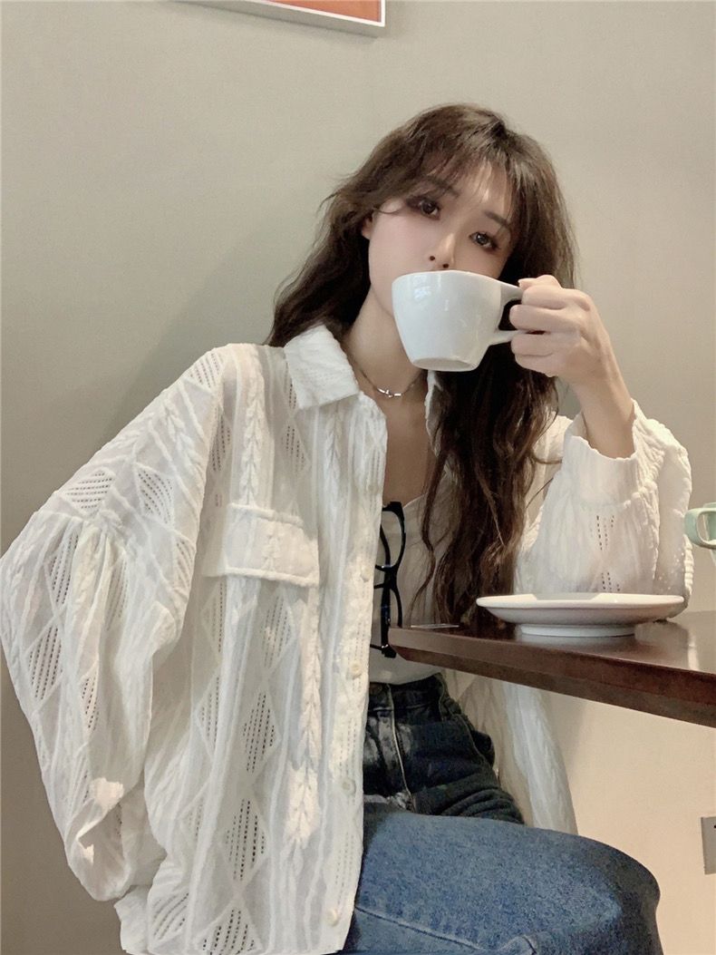 봄 여성 펀칭 긴팔셔츠 캐주얼 루즈핏 레이스 긴팔남방 - 상세 이미지 2