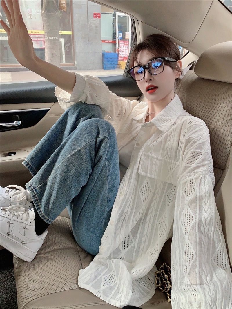 봄 여성 펀칭 긴팔셔츠 캐주얼 루즈핏 레이스 긴팔남방 - 상세 이미지 3