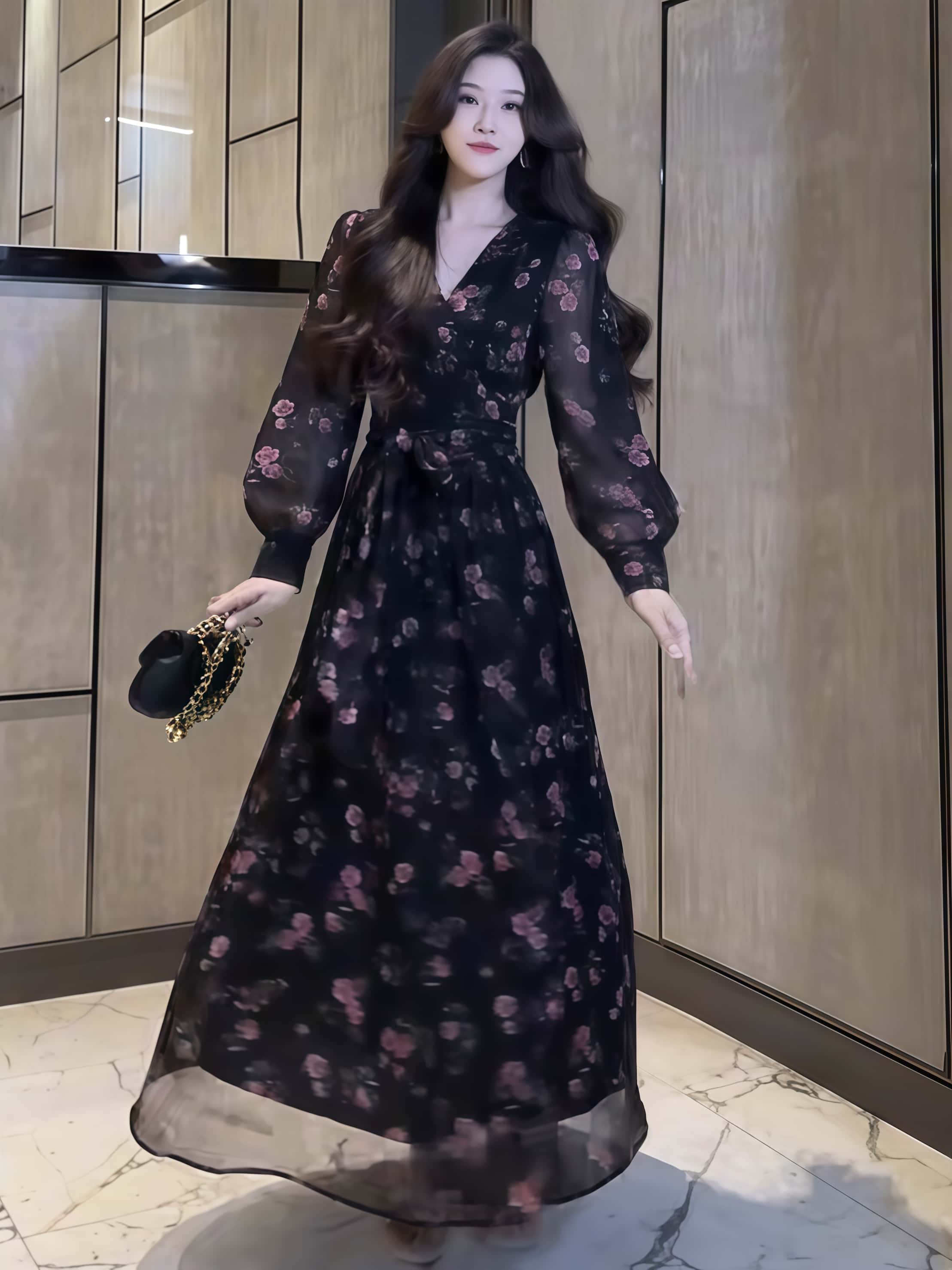 로즈 하객룩 롱 여성블라우스원피스 브이넥 시스루 긴팔 슬림핏 플라워 휴양지원피스 - 상세 이미지 2