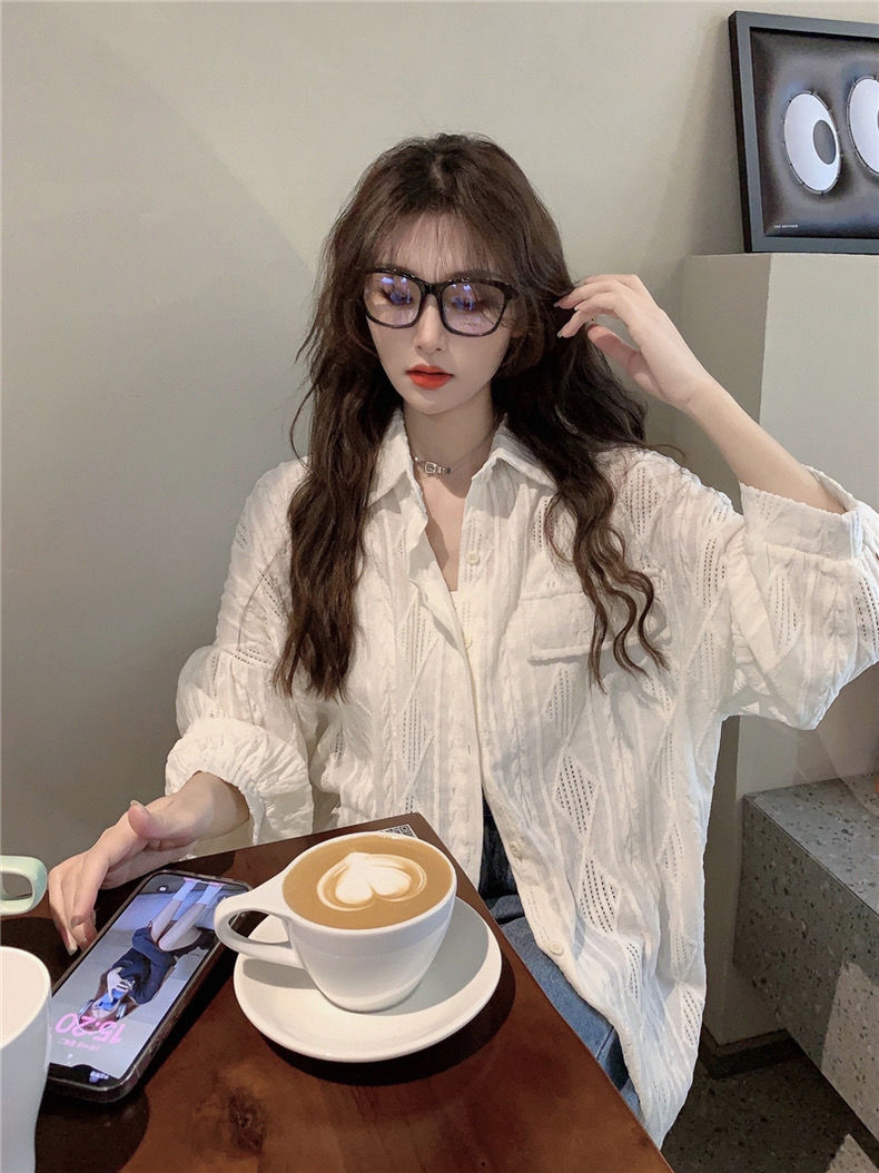 봄 여성 펀칭 긴팔셔츠 캐주얼 루즈핏 레이스 긴팔남방 - 상세 이미지 4