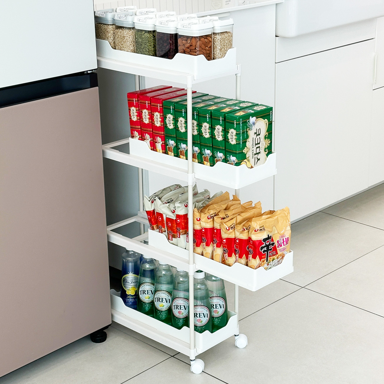 슬라이딩 틈새 선반 트롤리 서랍형 세탁기 4단