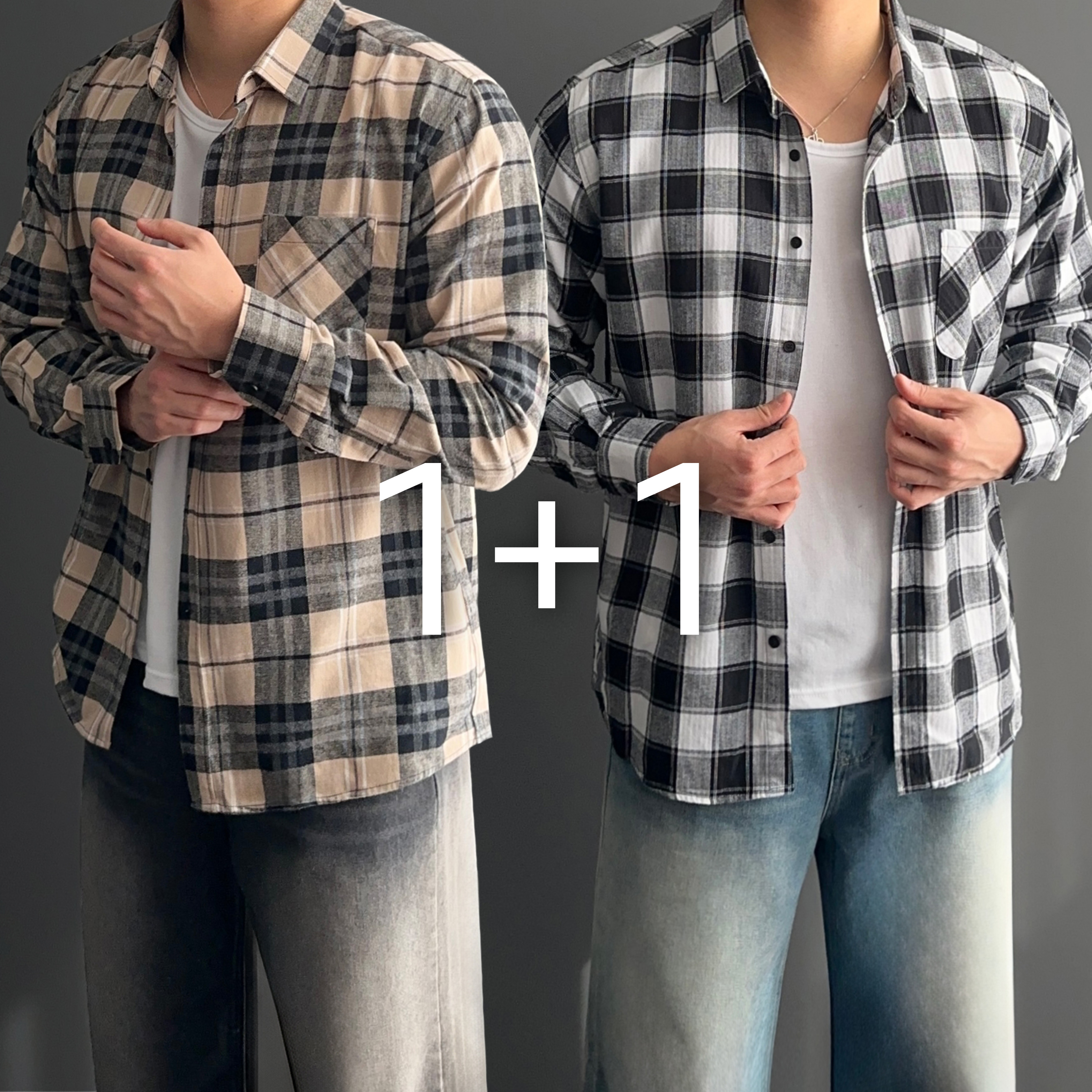 1+1 남자체크남방 옥스포드셔츠 플란넬셔츠 - 상품 이미지