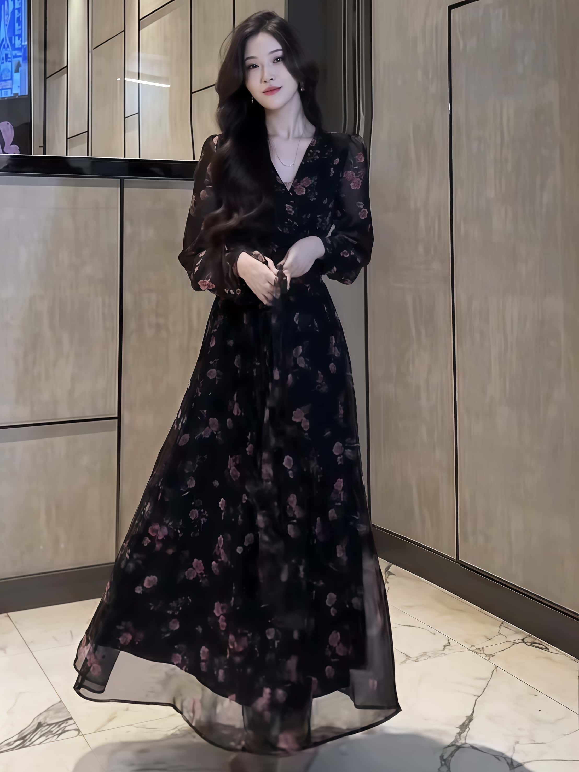 로즈 하객룩 롱 여성블라우스원피스 브이넥 시스루 긴팔 슬림핏 플라워 휴양지원피스