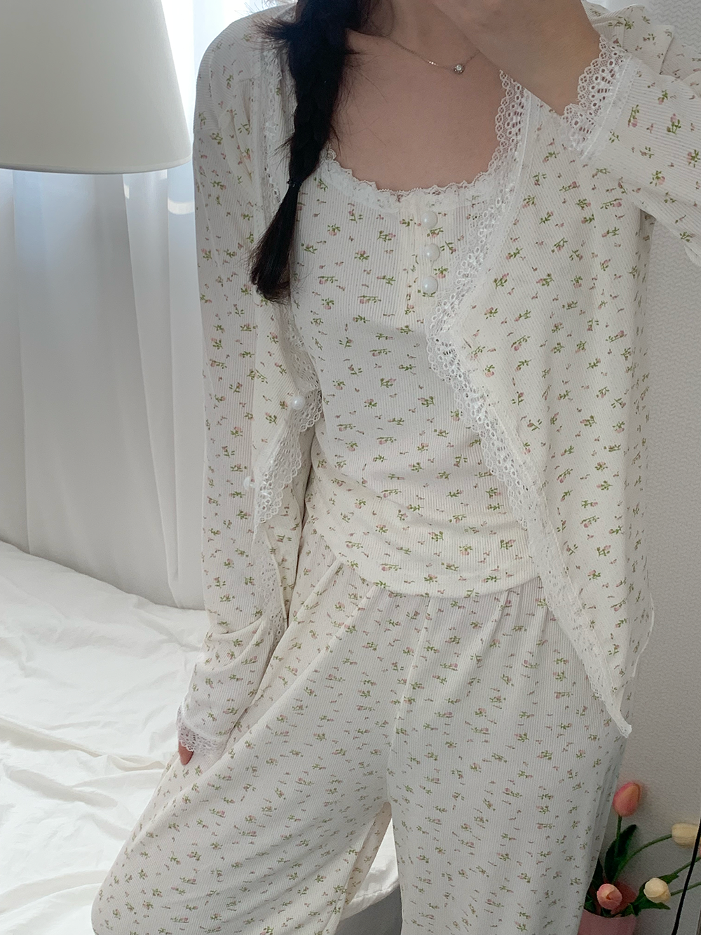 봄 여성 3피스 피아 꽃무늬 잠옷 파자마 세트 - 상세 이미지 5