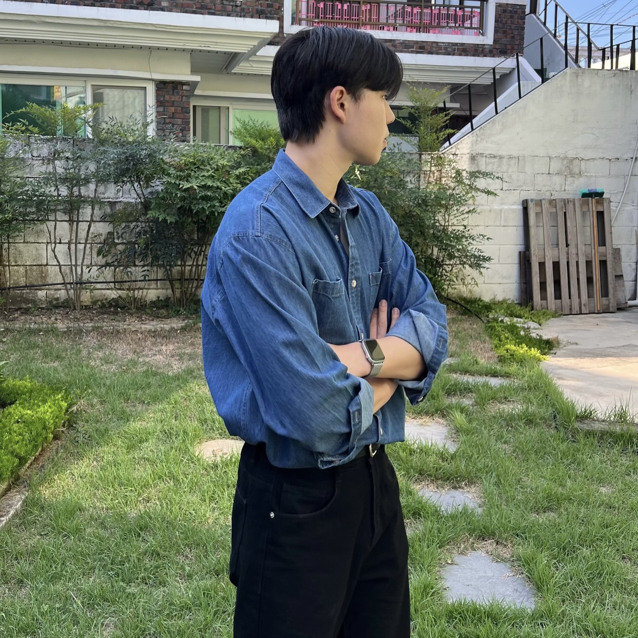 남자청남방 오버핏데님셔츠 투포켓셔츠 - 상품 이미지
