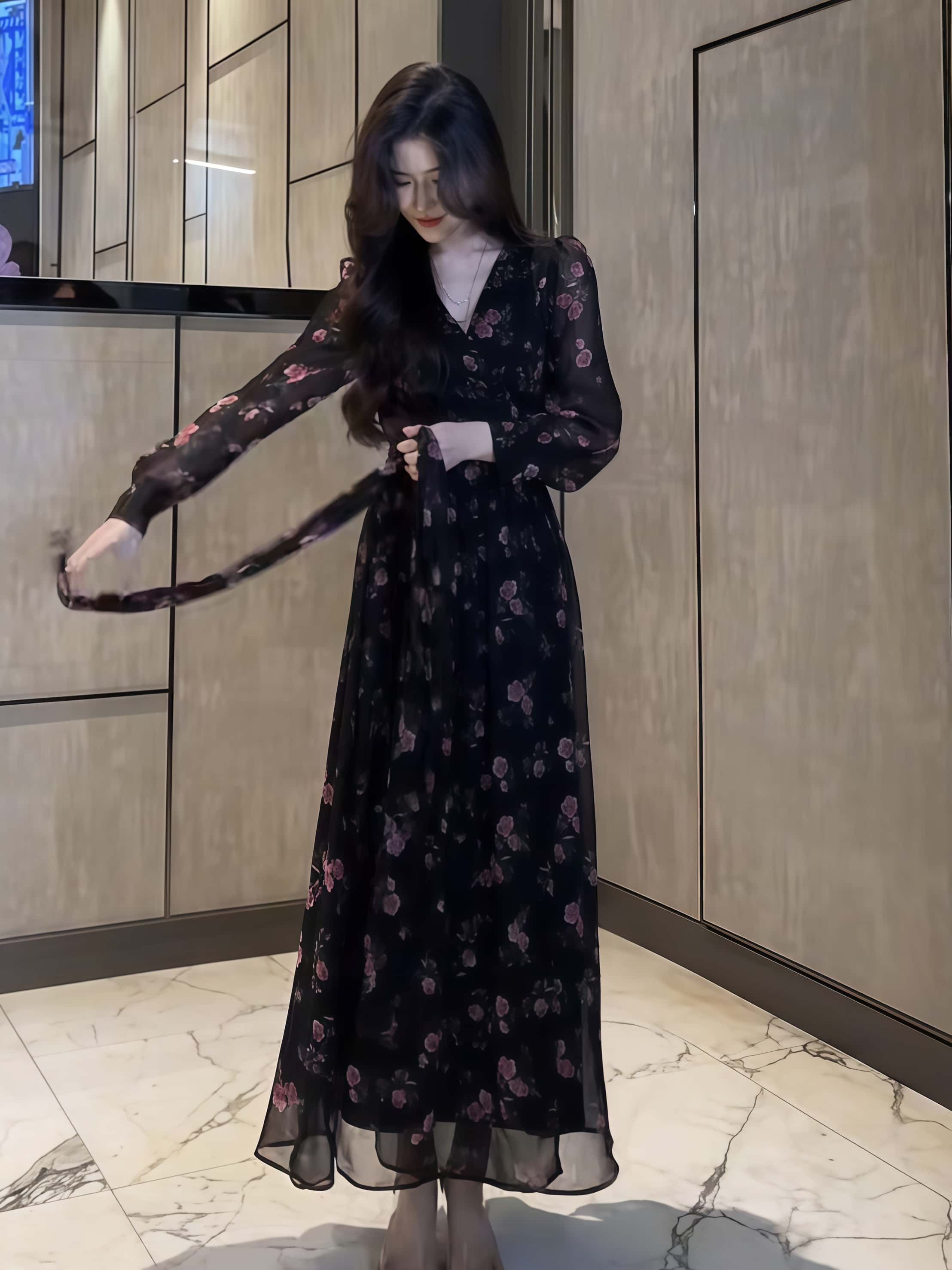 로즈 하객룩 롱 여성블라우스원피스 브이넥 시스루 긴팔 슬림핏 플라워 휴양지원피스 - 상세 이미지 5