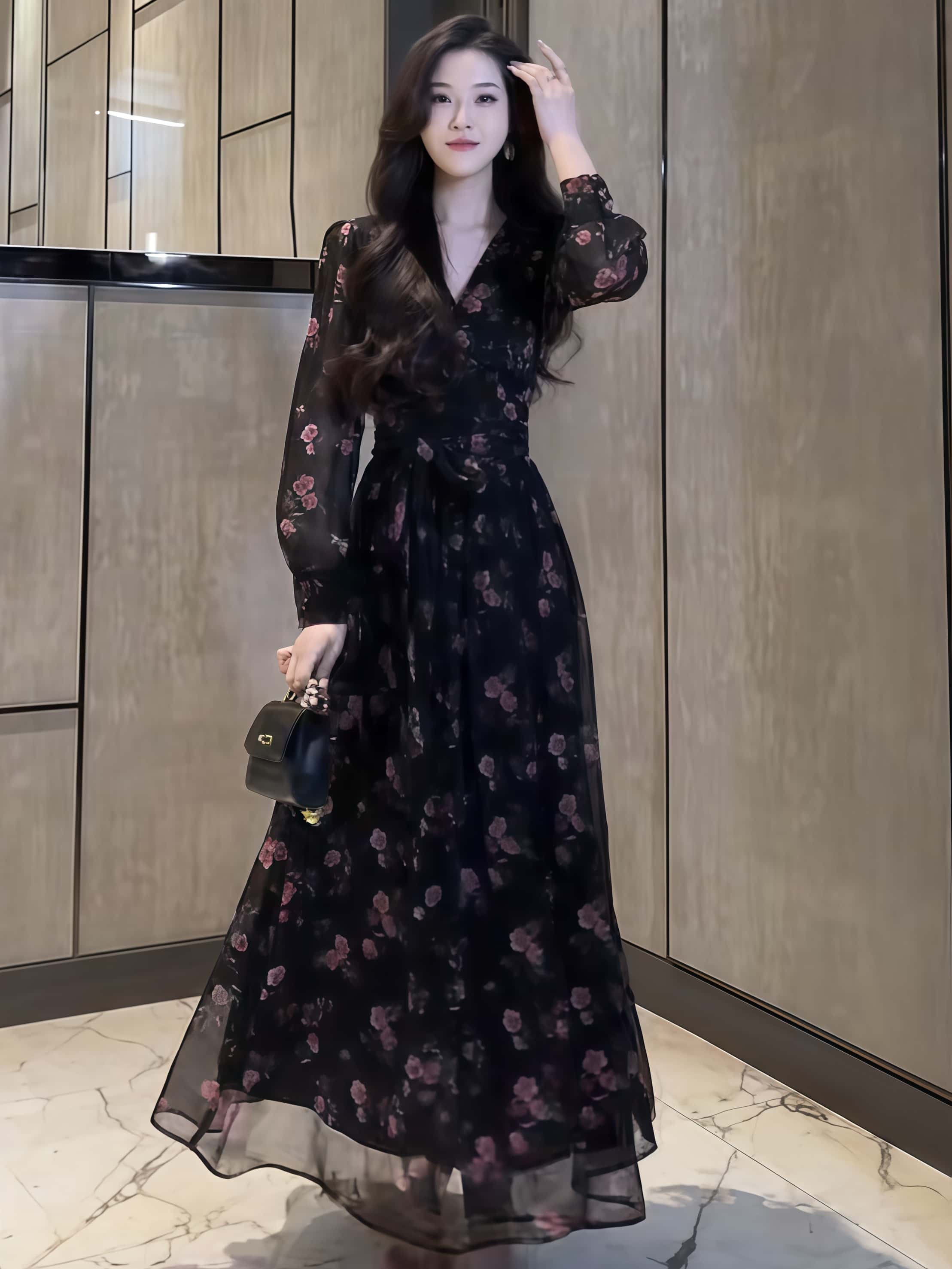 로즈 하객룩 롱 여성블라우스원피스 브이넥 시스루 긴팔 슬림핏 플라워 휴양지원피스 - 상세 이미지 3