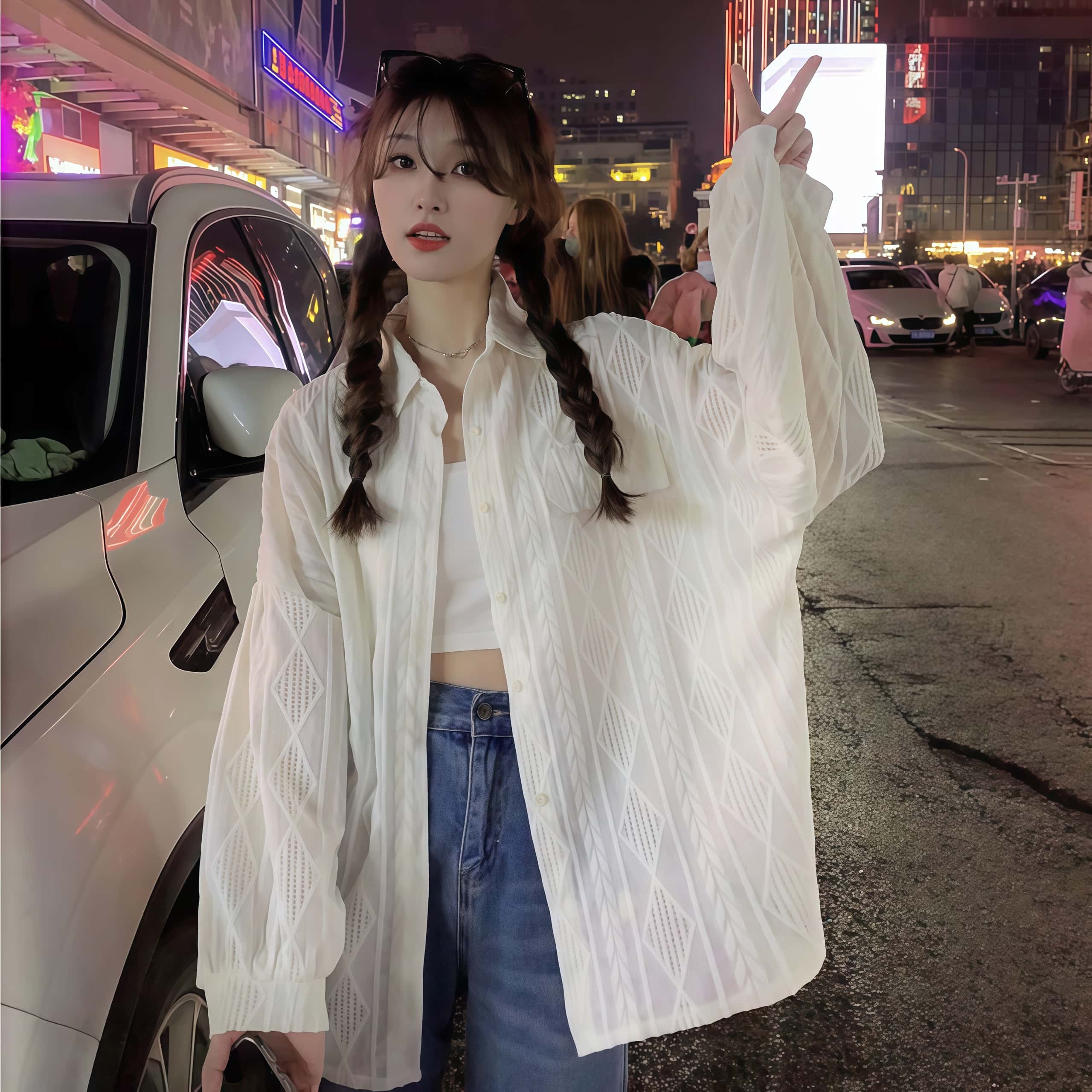 봄 여성 펀칭 긴팔셔츠 캐주얼 루즈핏 레이스 긴팔남방 - 상품 이미지