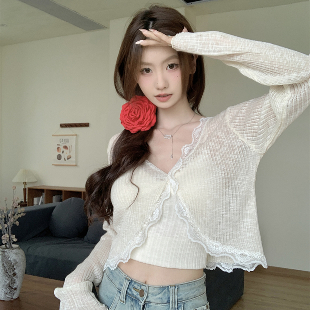 레이스 브이넥 여성긴팔 가디건 시스루 여름 크롭 블라우스 - 상품 이미지