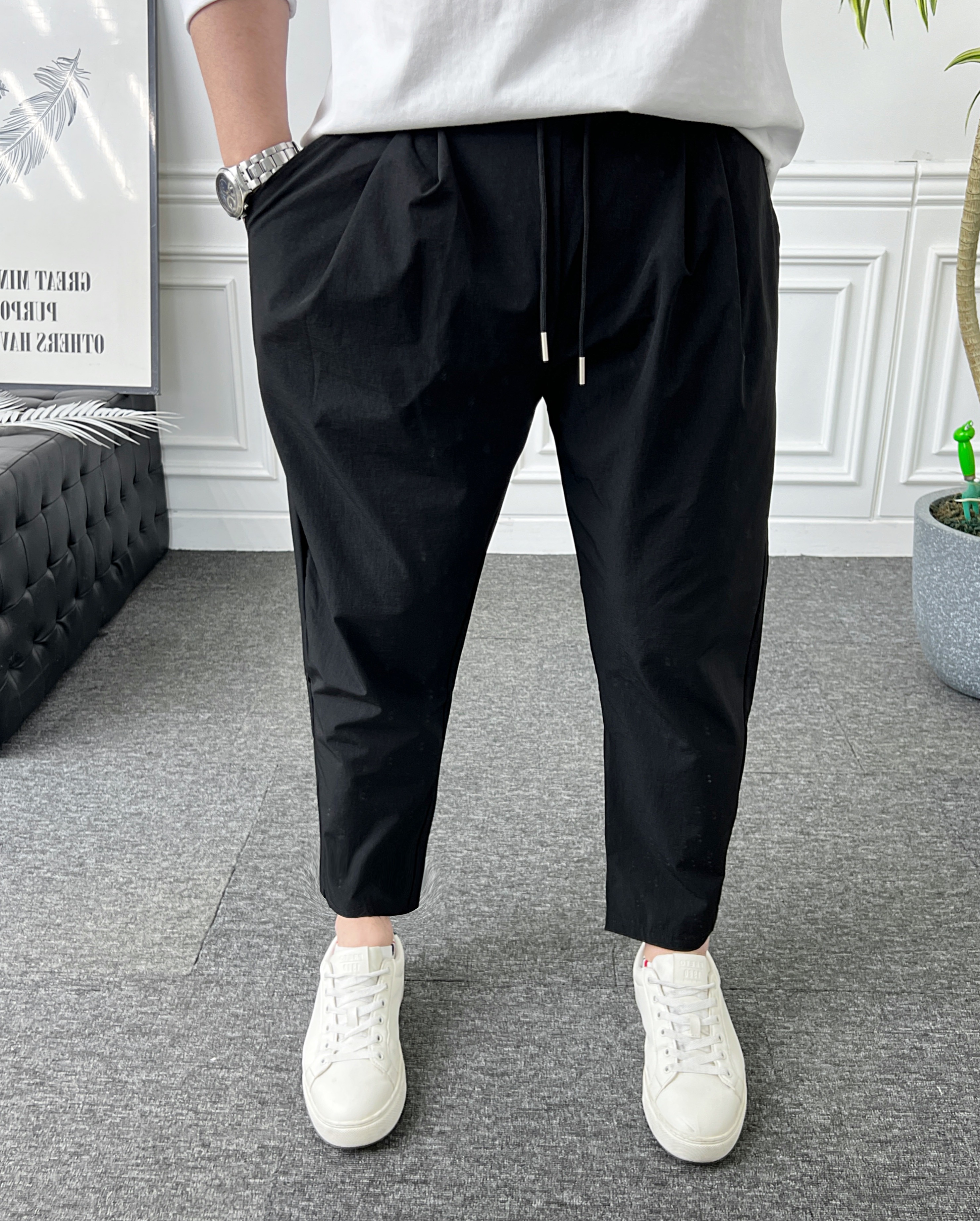 남자 벌룬팬츠 9부 밴딩 스판 나일론 핀턱 배기 면바지 - 상세 이미지 3