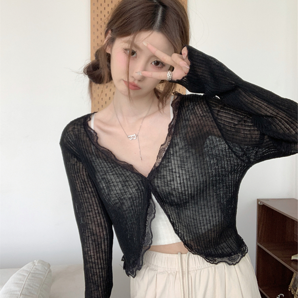 레이스 브이넥 여성긴팔 가디건 시스루 여름 크롭 블라우스 - 상세 이미지 3