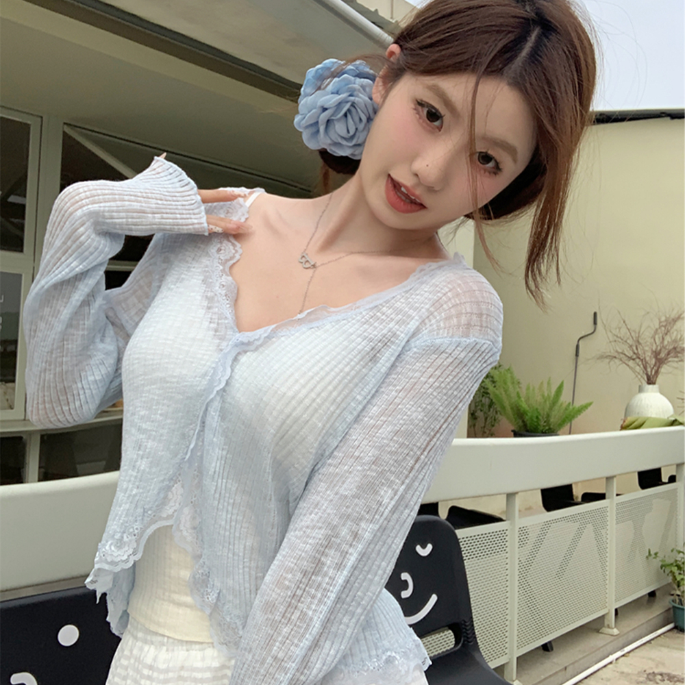레이스 브이넥 여성긴팔 가디건 시스루 여름 크롭 블라우스 - 상세 이미지 2