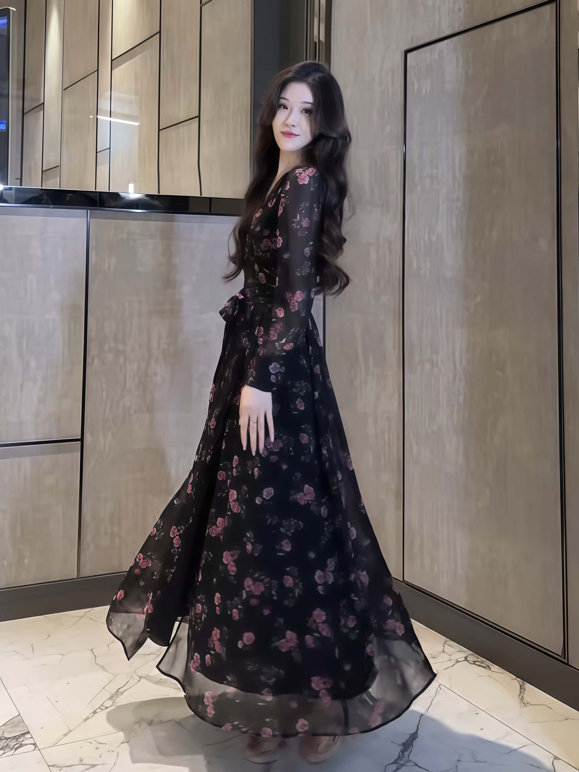 로즈 하객룩 롱 여성블라우스원피스 브이넥 시스루 긴팔 슬림핏 플라워 휴양지원피스 - 상세 이미지 4