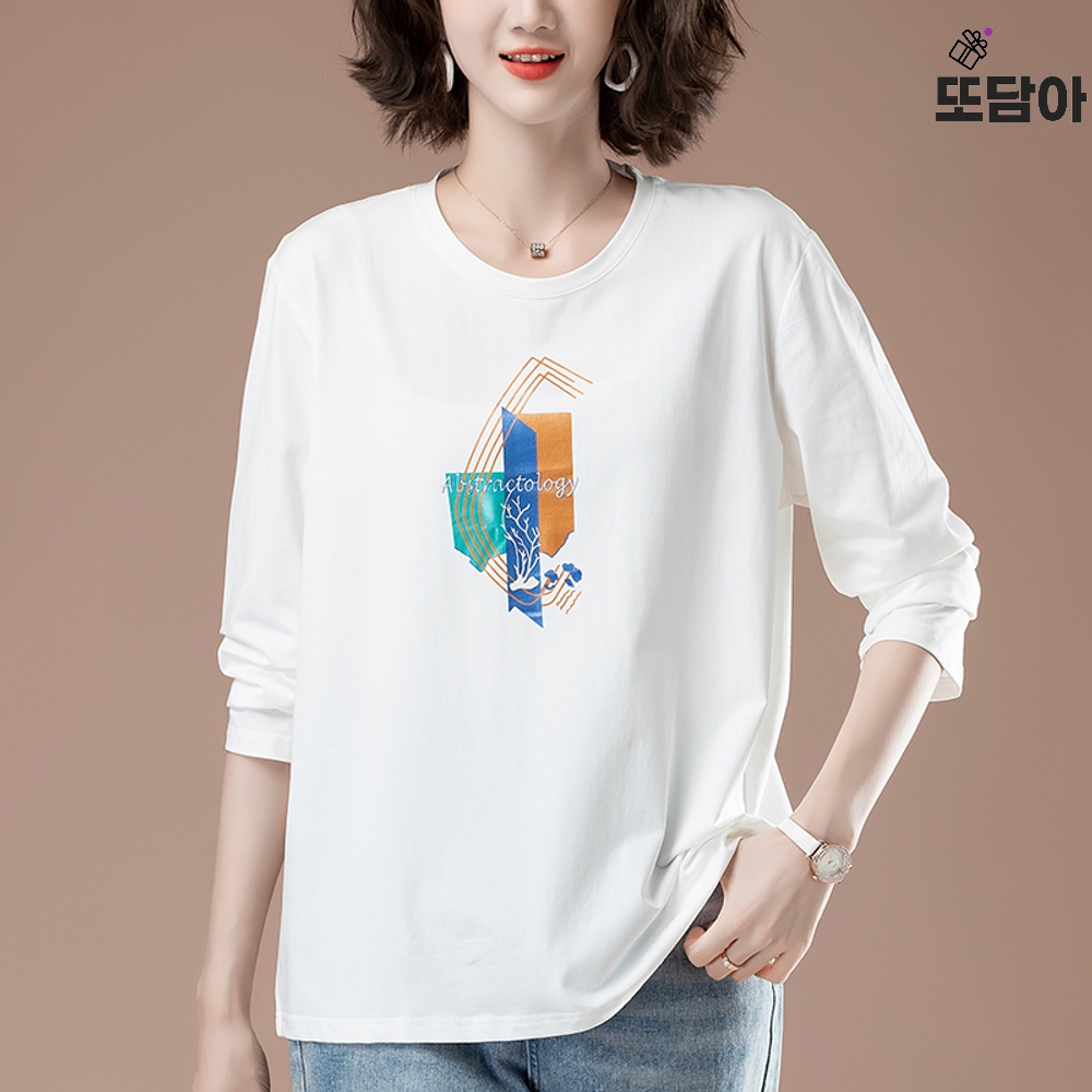 중년맘 여성 봄가을 긴팔 오버사이즈 프린트 라운드 티셔츠 의류 옷 : 또담아