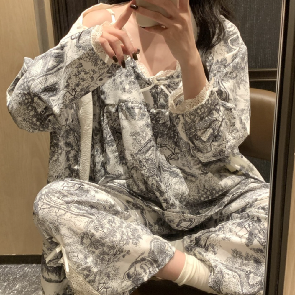로브 잠옷 뜨왈 가운 캡나시 파자마 홈웨어 3피스 세트 - 상세 이미지 2