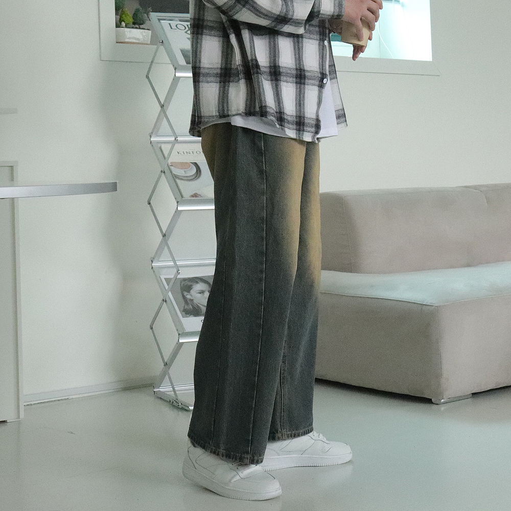남자 청바지 빈티지 워싱 데님 팬츠 남자 와이드 청바지 - 메인 이미지