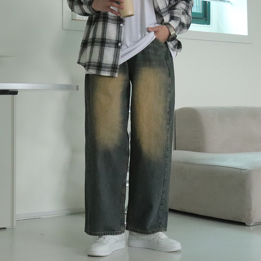 남자 청바지 빈티지 워싱 데님 팬츠 남자 와이드 청바지 - 상세 이미지 2