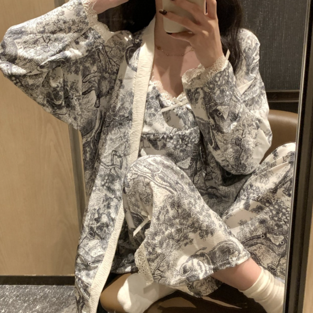 로브 잠옷 뜨왈 가운 캡나시 파자마 홈웨어 3피스 세트 - 상세 이미지 3