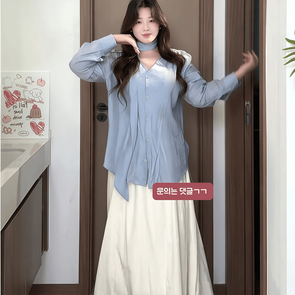 여성 봄가을 긴팔블라우스 루즈핏 쉬폰 롱스커트 투피스세트 - 메인 이미지