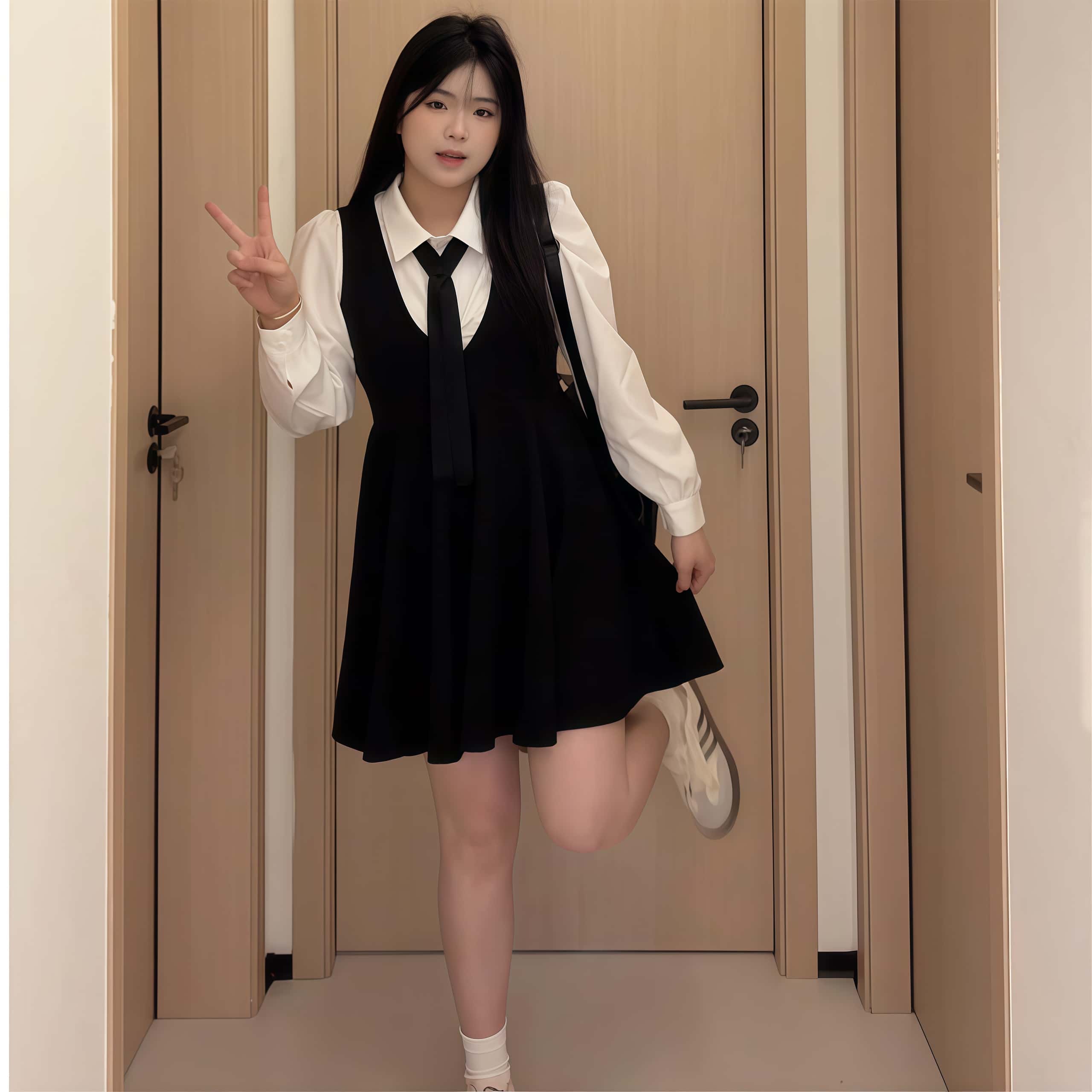 봄가을 여성 스쿨룩 빅사이즈 멜빵원피스 긴팔남방셔츠 투피스 세트[넥타이 무료선물] - 상세 이미지 3