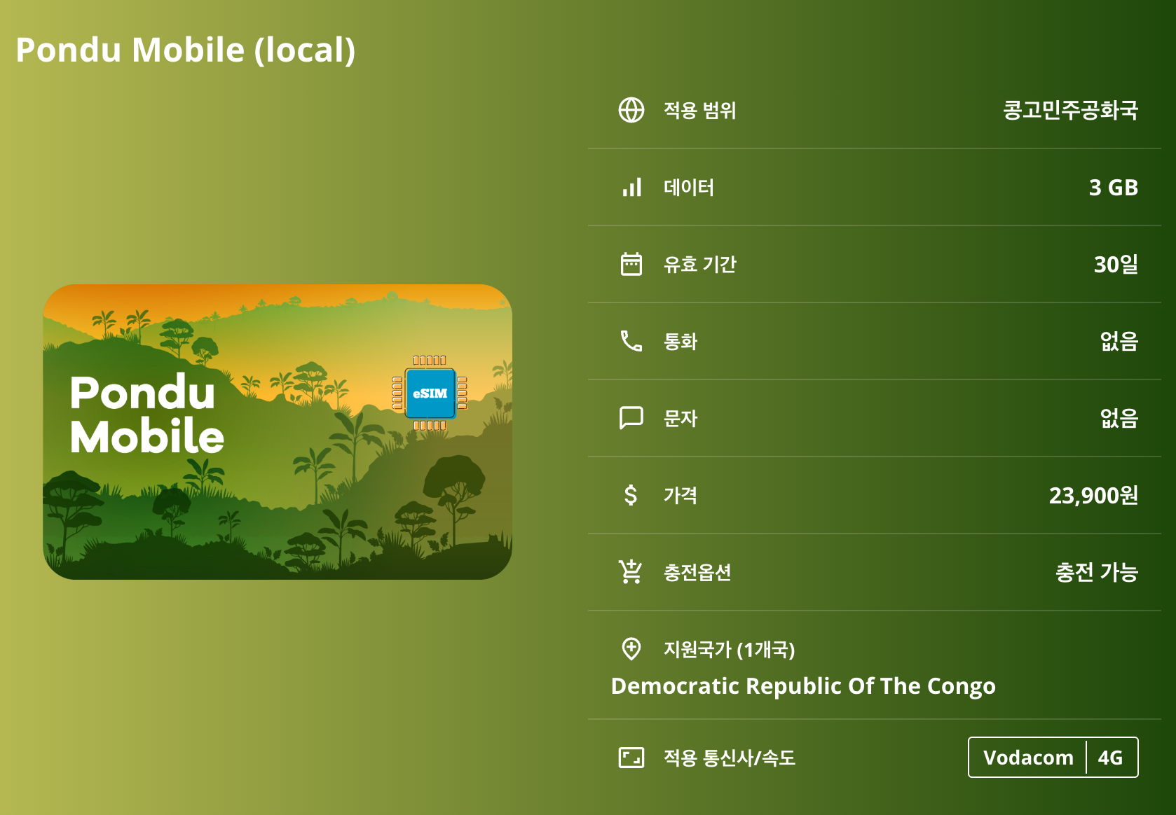 콩고민주공화국 로컬망 이심 eSIM Vodacom 킨샤사 루붐바시 고마 부카부 마타디 비룽가국립공원 살롱가국립공원 이심통 이미지 8
