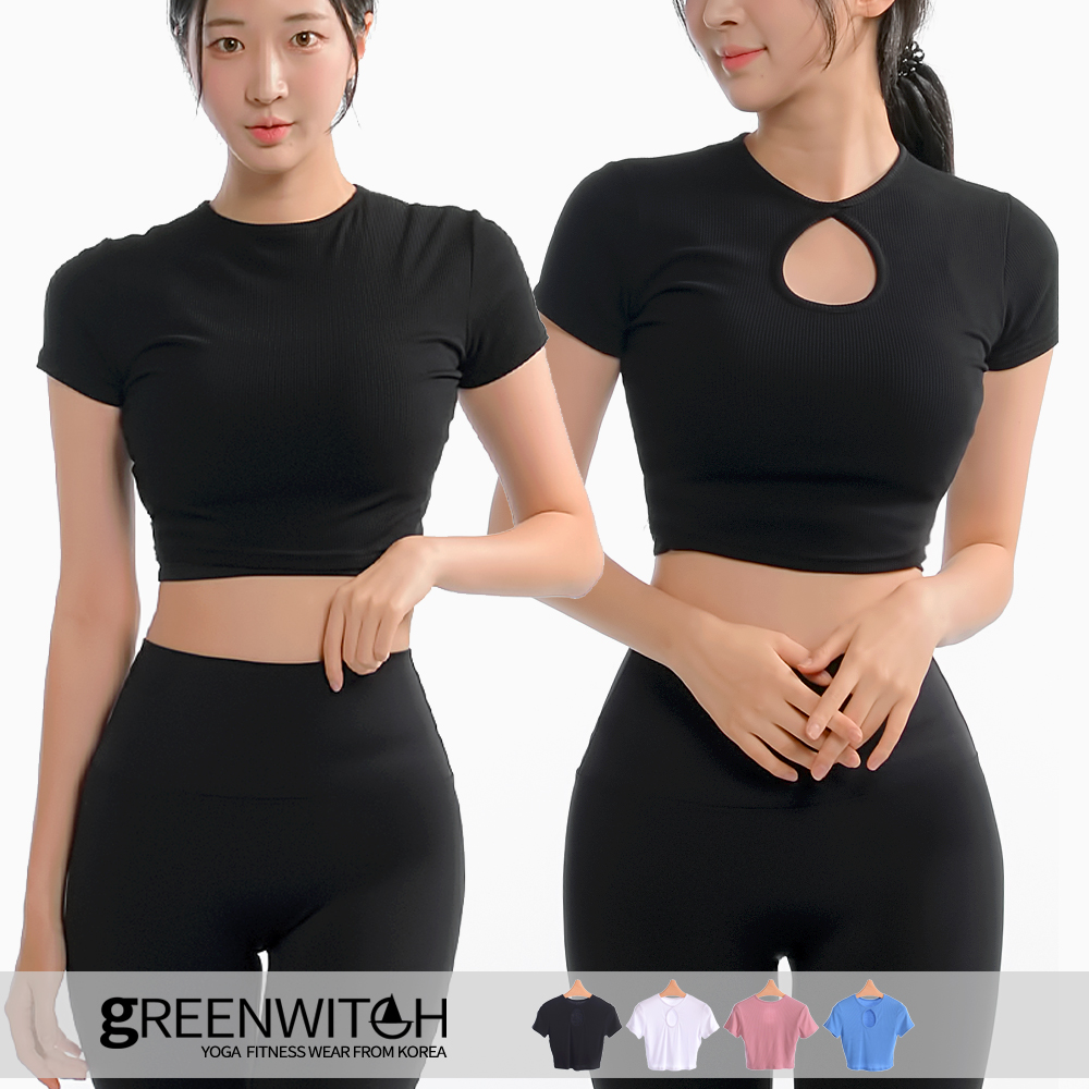 그리니치 양방향 키홀 크롭탑 골지 빈팔티셔츠 필라테스 요가복 - 상세 이미지 2