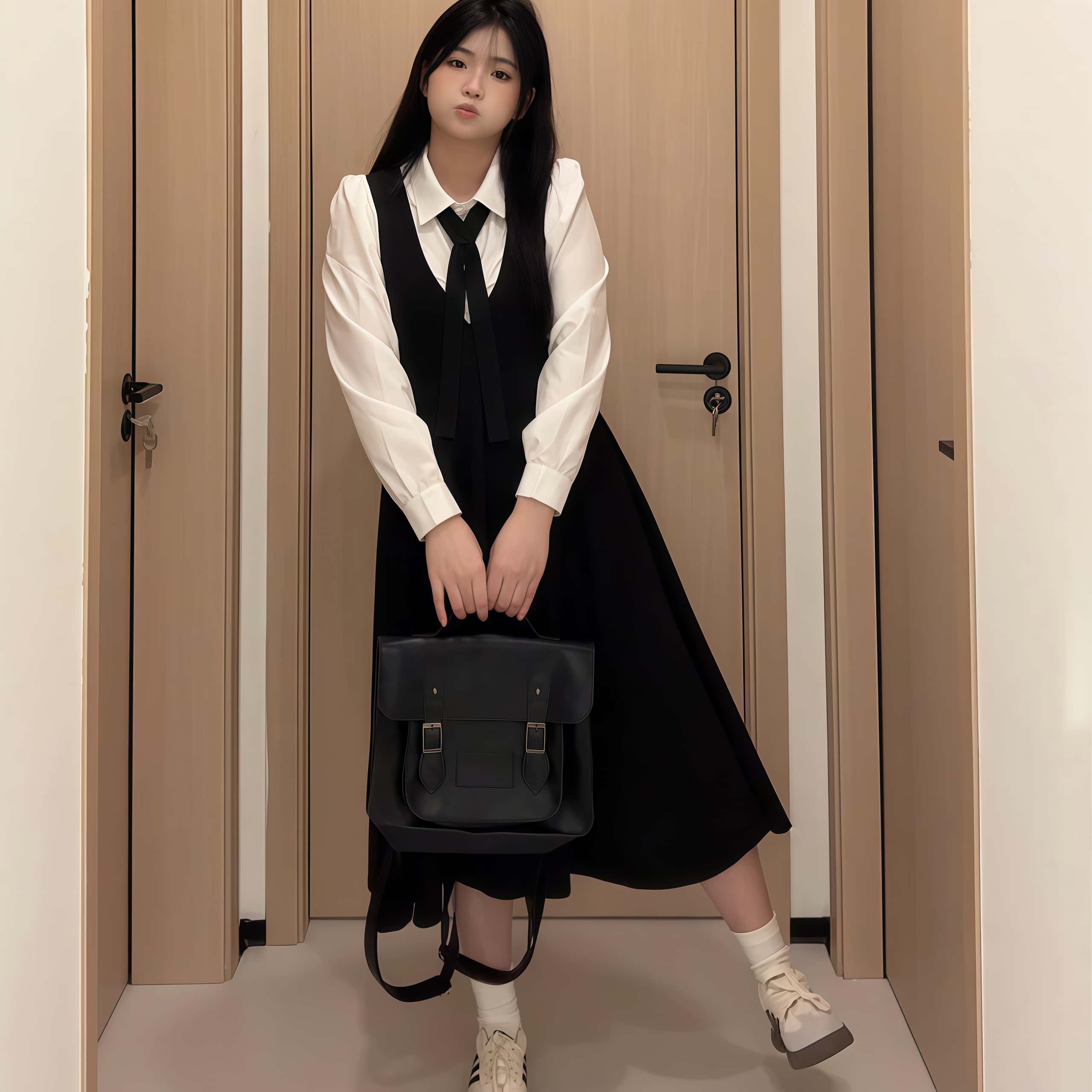 봄가을 여성 스쿨룩 빅사이즈 멜빵원피스 긴팔남방셔츠 투피스 세트[넥타이 무료선물] - 상세 이미지 4