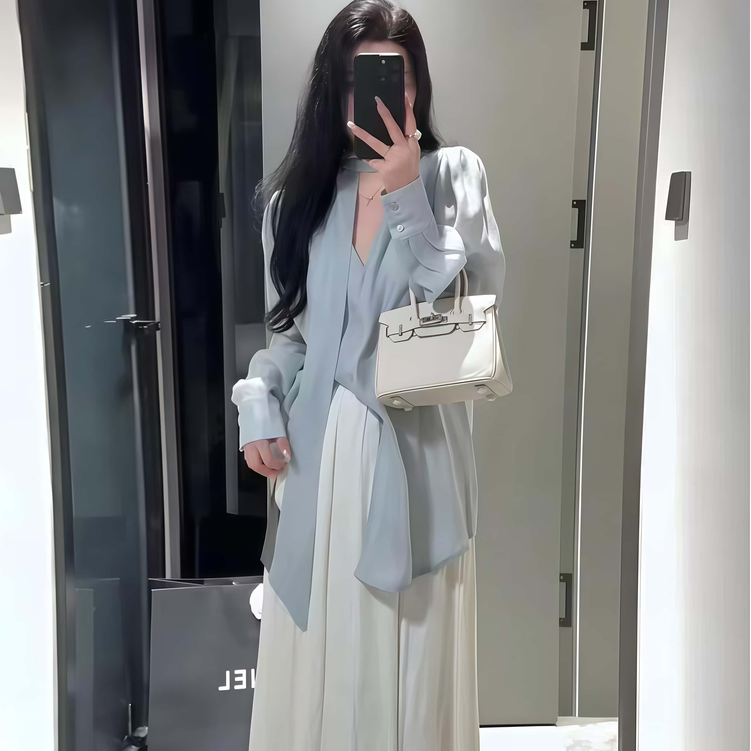 여성 봄가을 긴팔블라우스 루즈핏 쉬폰 롱스커트 투피스세트 - 상세 이미지 2