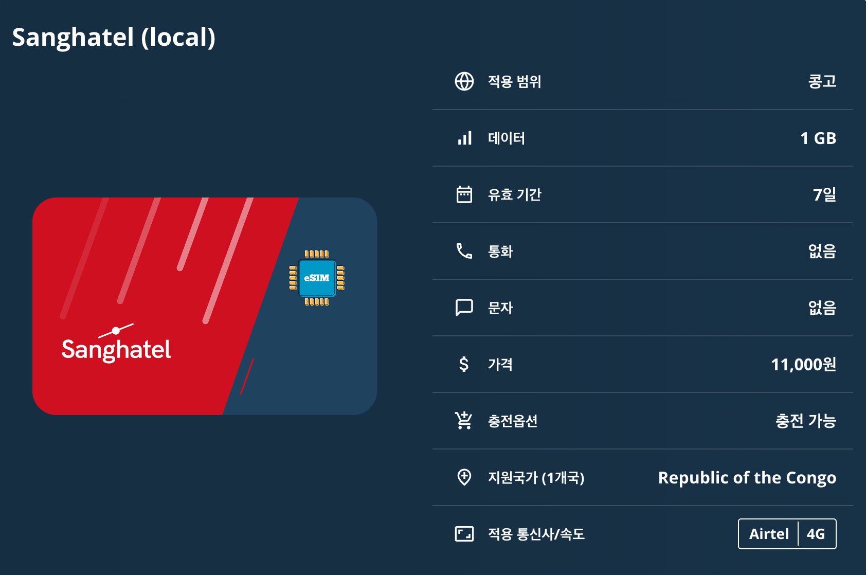 콩고 로컬망 이심 eSIM Libertis Telecom 브라자빌 푸앵트누아르 두줄루 음반다카 에숭고 누아발레은도키국립공원 이심통 - 상세 이미지 5