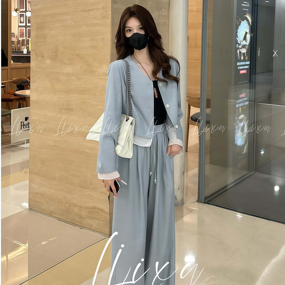 봄신상 여성 정장 바지세트 밴딩 하이웨스트 캐주얼 와이드팬츠투피스 - 상세 이미지 3