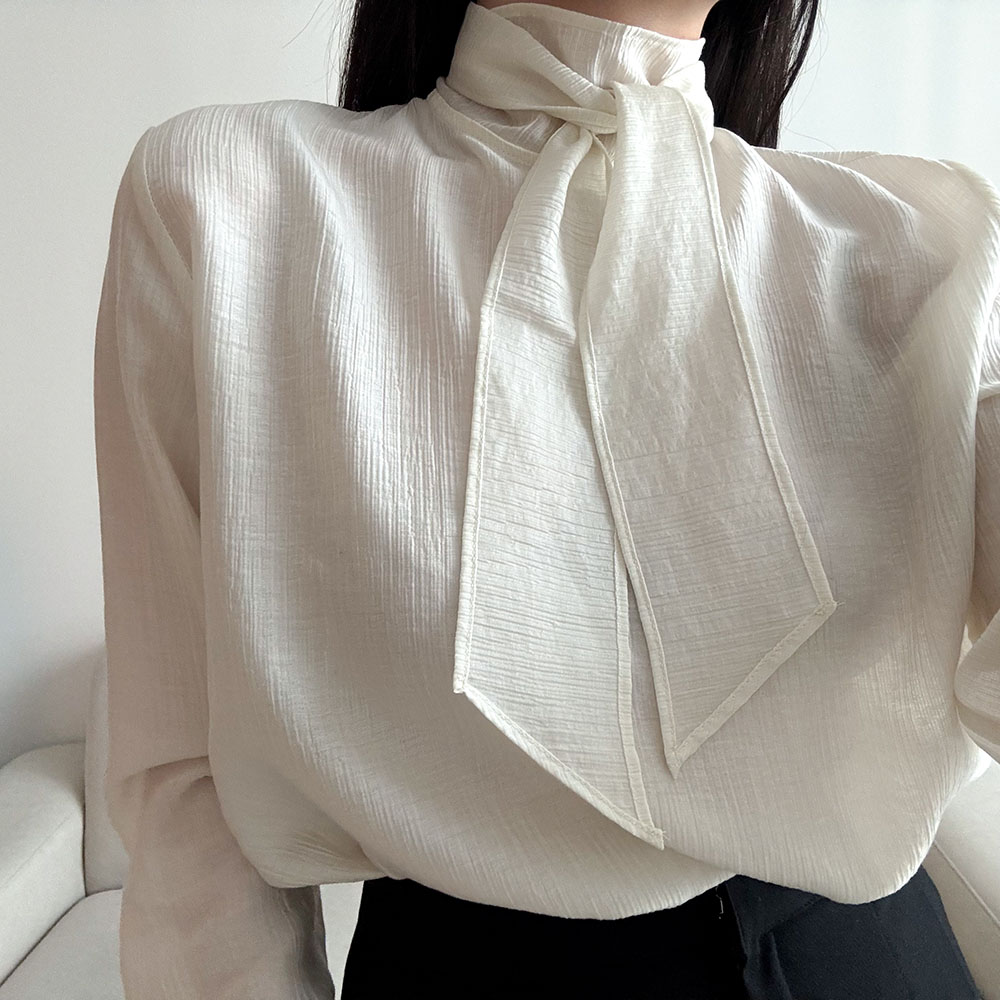 하이넥블라우스 타이블라우스 레이어드 스카프 시스루 블라우스 - 상세 이미지 2