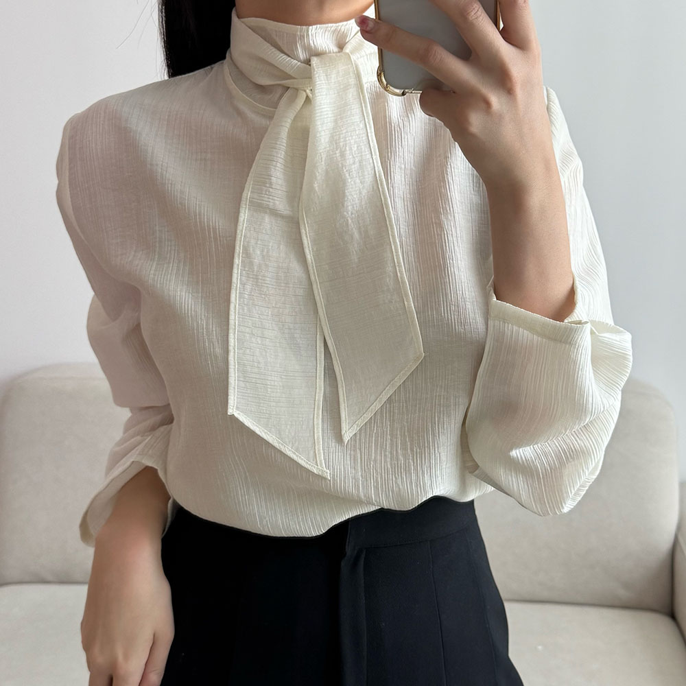 하이넥블라우스 타이블라우스 레이어드 스카프 시스루 블라우스 이미지 8