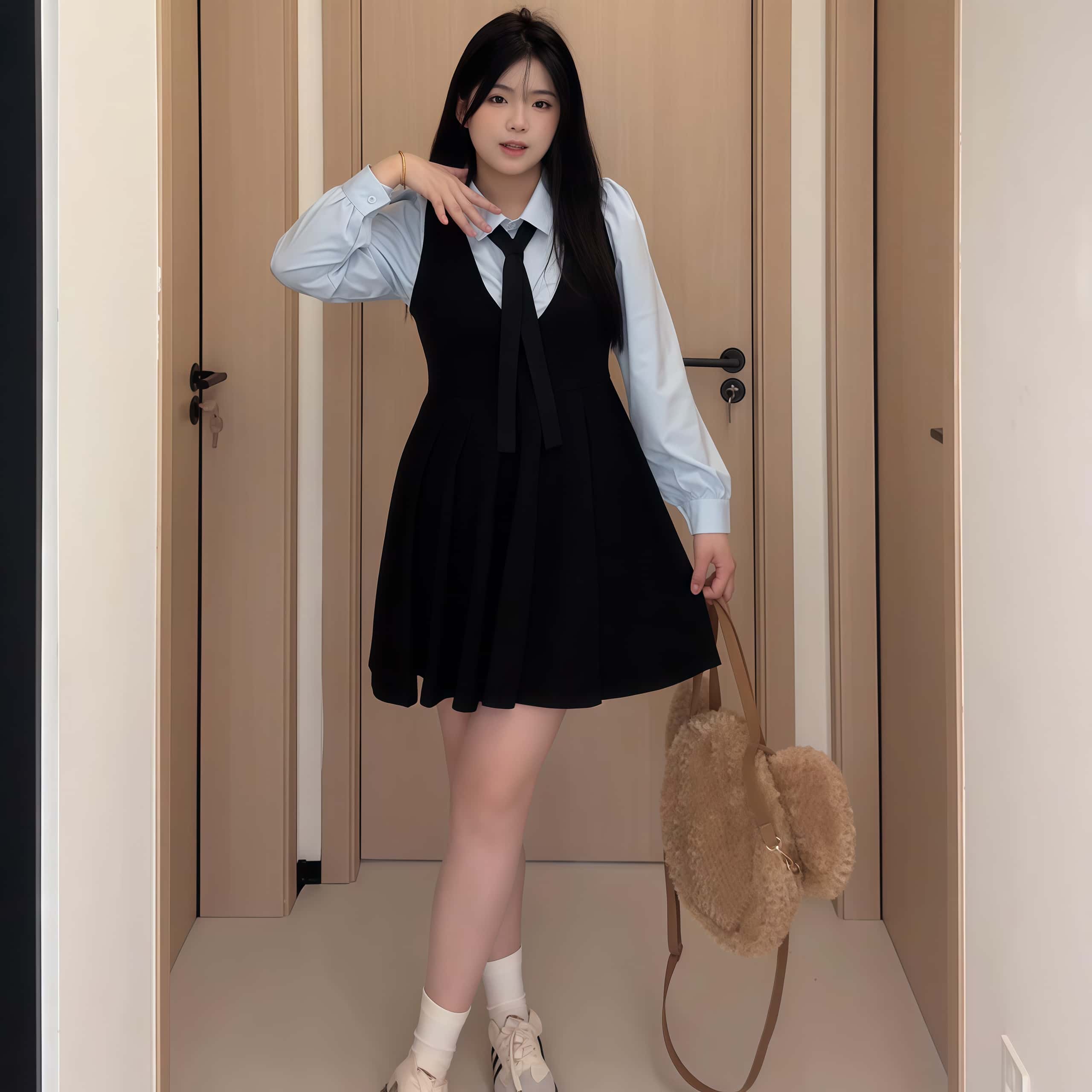 봄가을 여성 스쿨룩 빅사이즈 멜빵원피스 긴팔남방셔츠 투피스 세트[넥타이 무료선물] - 상세 이미지 2