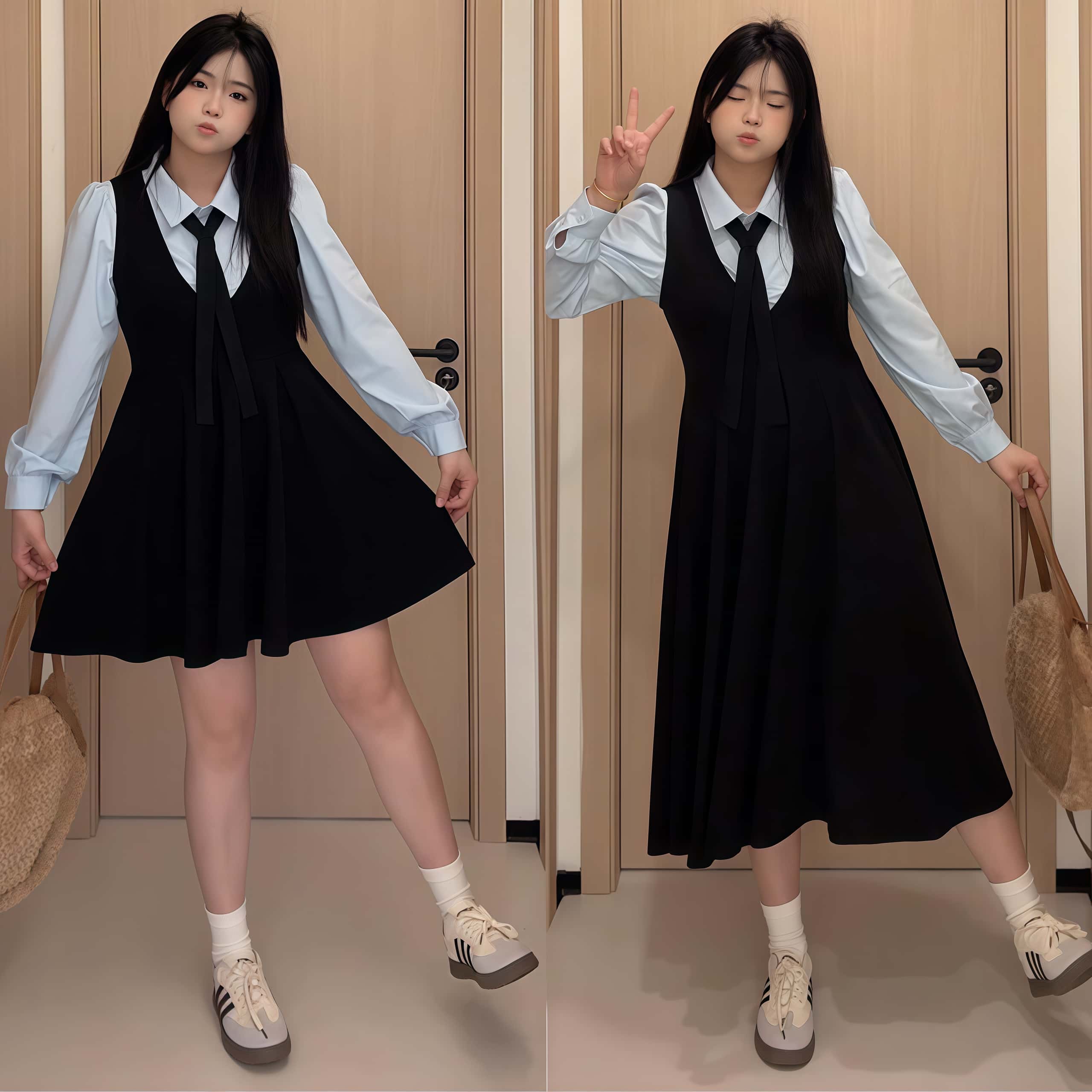 봄가을 여성 스쿨룩 빅사이즈 멜빵원피스 긴팔남방셔츠 투피스 세트[넥타이 무료선물] - 상세 이미지 5