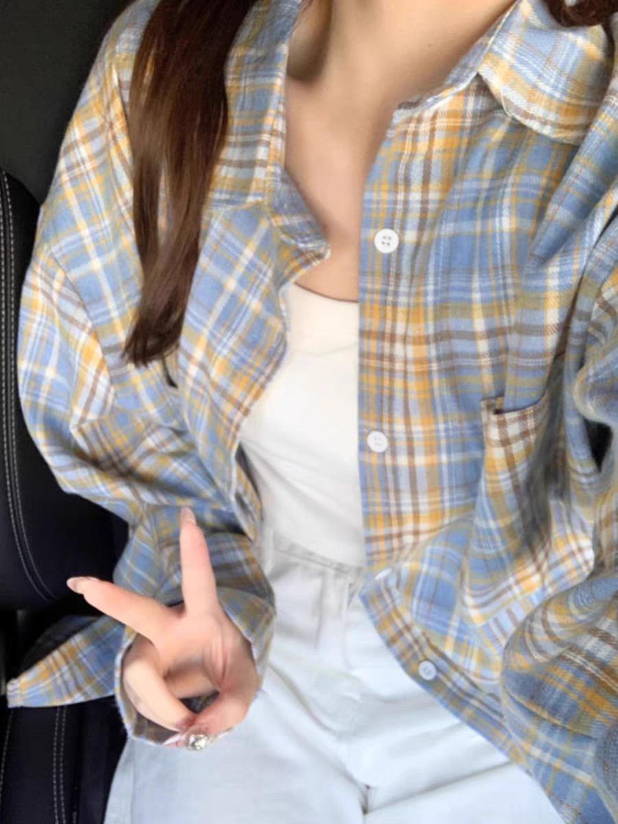 여성 봄여름 체크남방 루즈핏 레이어드 데일리 긴팔셔츠 - 상세 이미지 5