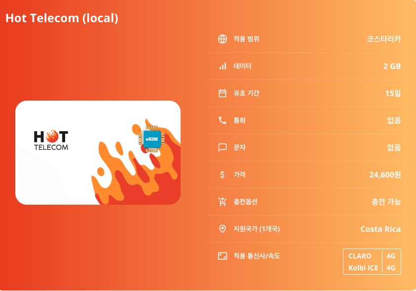 코스타리카 로컬망 이심 eSIM Liberty 산호세 알라후엘라 에레디아 리베리아 푸에르토리몬 아레날화산 코르코바도 이심통 이미지 6