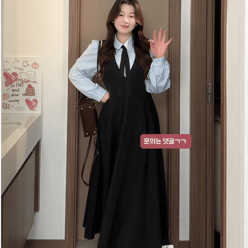 봄가을 여성 스쿨룩 빅사이즈 멜빵원피스 긴팔남방셔츠 투피스 세트[넥타이 무료선물] - 상품 이미지