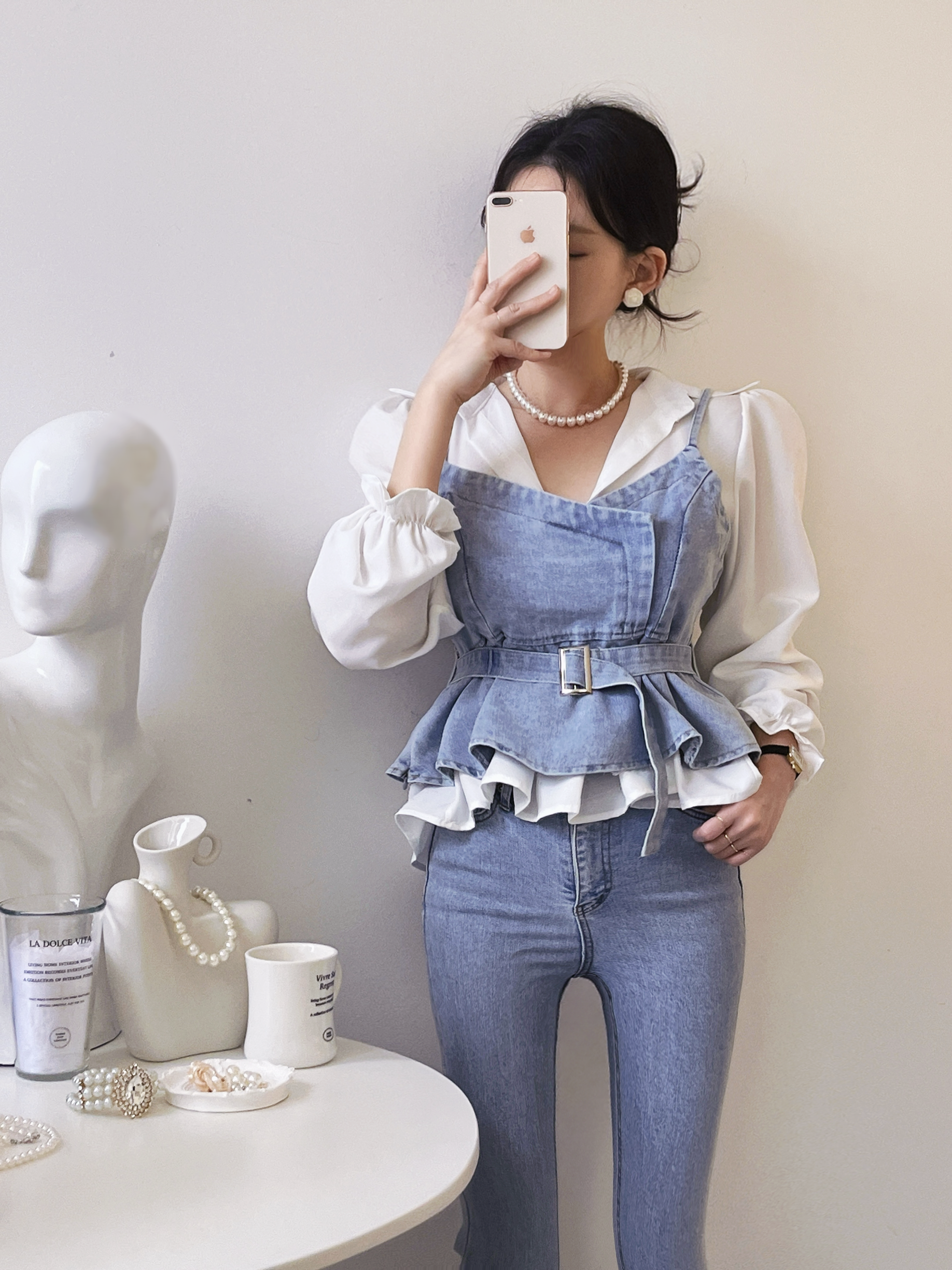 더블업 셋업 3piece SET (시폰블라우스+데님뷔스티에+벨트/세트룩,투피스) [비비아레이디] - 상품 이미지