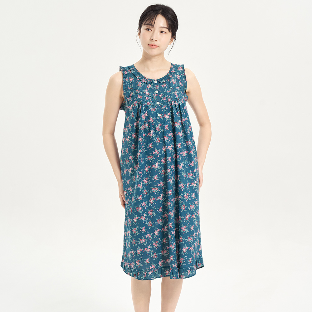 진한그린꽃 순면 여성 나시 빅사이즈 원피스 잠옷 - 메인 이미지