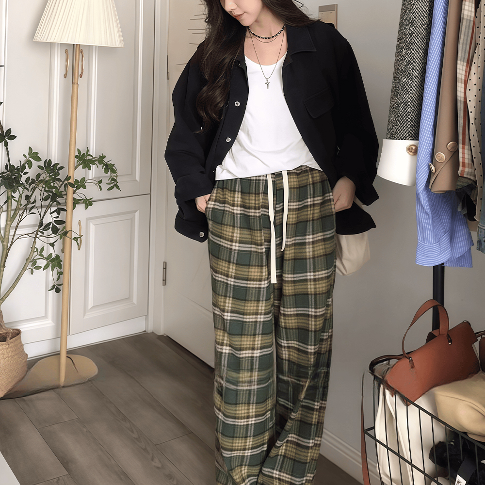 빈티지그린 여성 여름 밴딩 일자핏 체크바지 루즈핏 캐주얼 슬랙스 - 상품 이미지