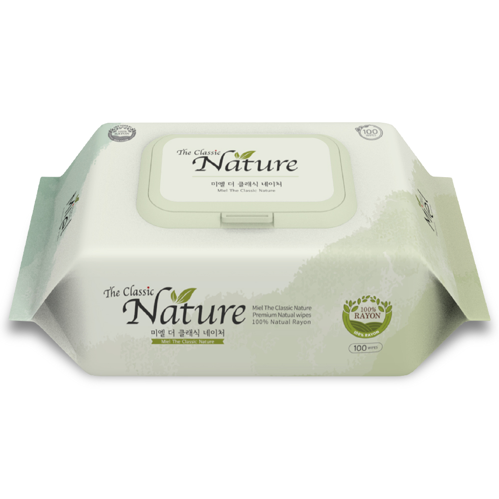 미엘 더 클래식 네이처 생분해 플라스틱 제로  100매 캡형 10팩 물티슈 평량 65g 레이온 100%